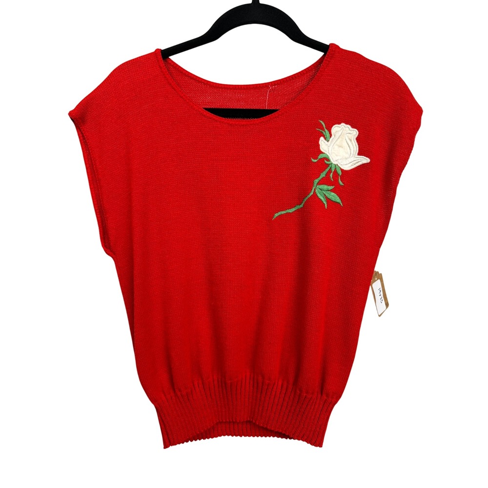 Vintage Red Knit Sweater Vest White Rose Embroidery Ribbed Waist Made in USA